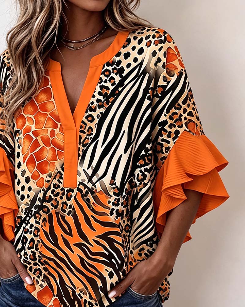 Blouse Zebra Luipaard Print Ruffle Mouw