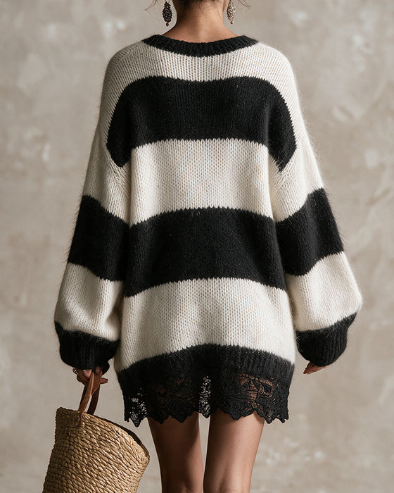 Trui Jurk V-Hals Gestreept Kant Patchwork