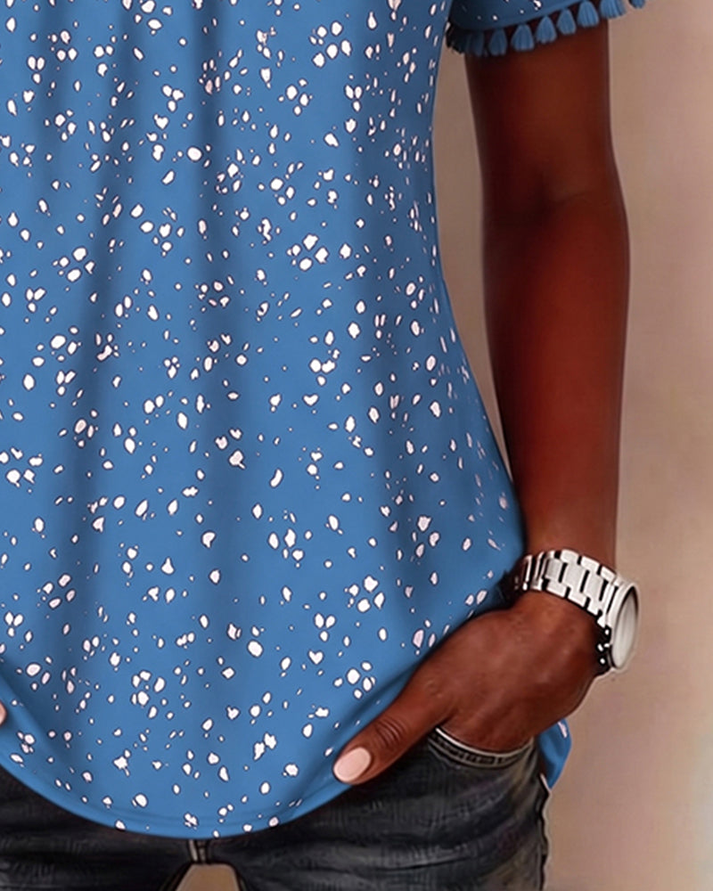 Blouse Witte Stip Franje Korte Mouw