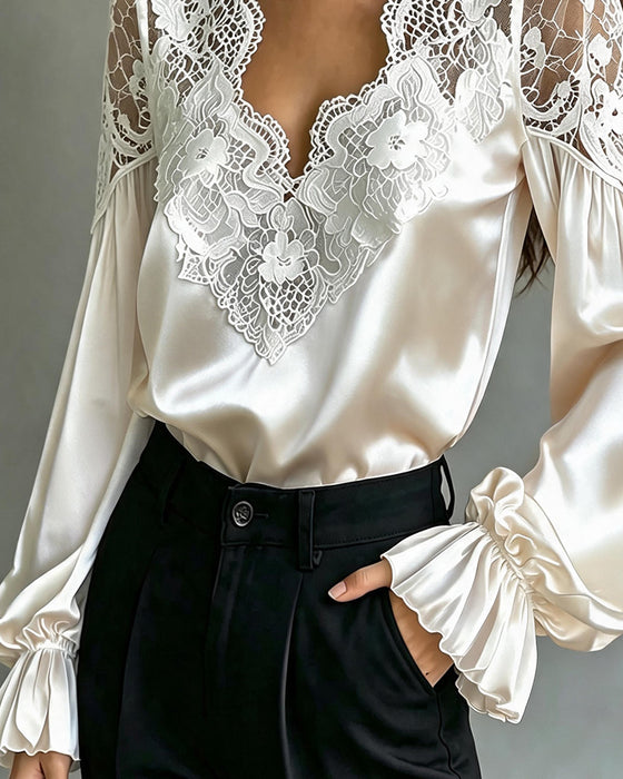 Blouse V-Hals Ruffle Kant Uitsnede
