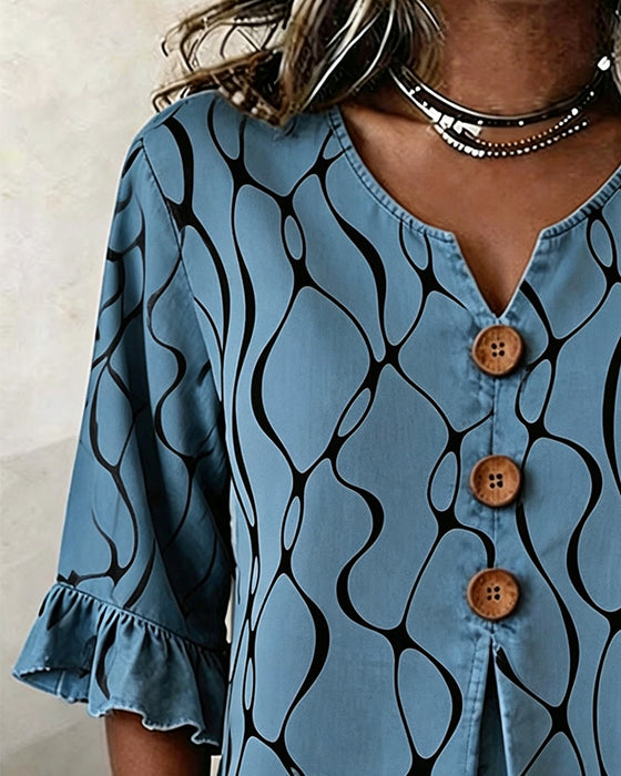 Blouse Abstracte Lijn Drie-Knoop Ruche Mouw