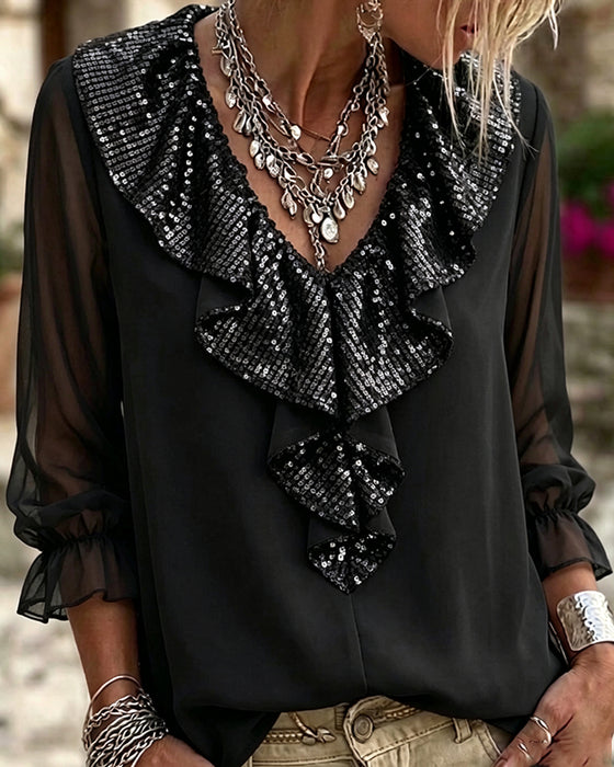 Blouse Stijlvol V-Hals Kant Rand Sheer