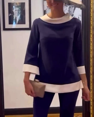 Casual contrasterende kleur losse top met opstaande kraag