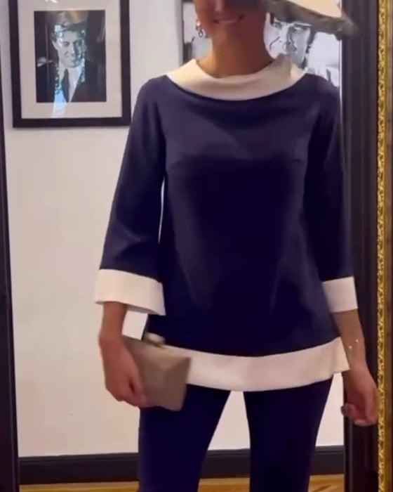 Casual contrasterende kleur losse top met opstaande kraag