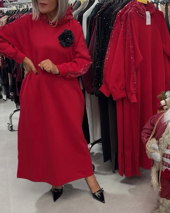 Jurk Met Capuchon Glitter Applicatie Lang