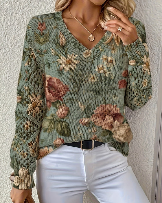 Pullover Jacquard V-Hals Hollow Lange Mouwen
