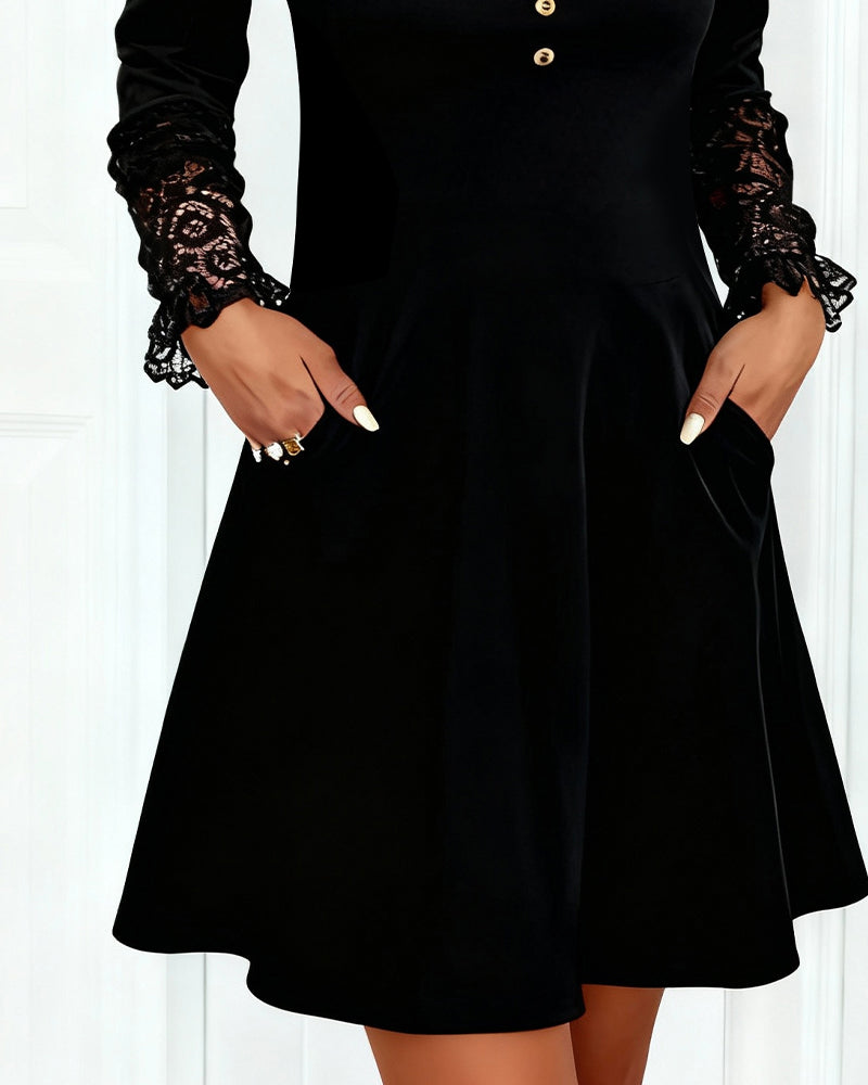 Elegante Jurk Van Effen Patchwork Met V-Hals