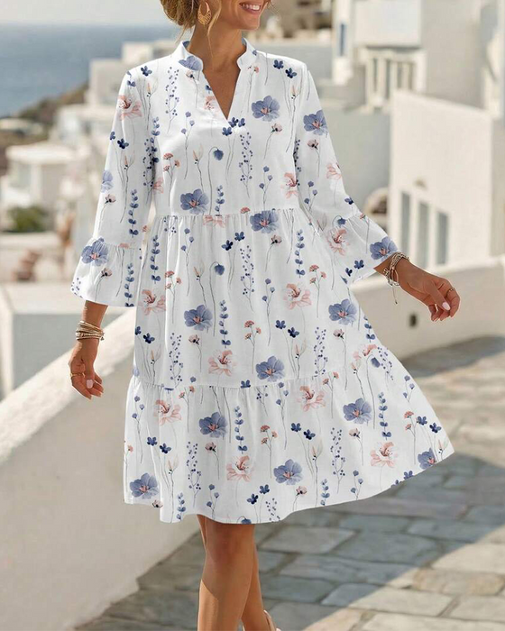 Jurk V-Hals Bloemen Afdruk Midi