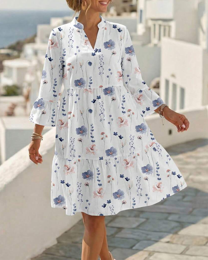 Jurk V-Hals Bloemen Afdruk Midi