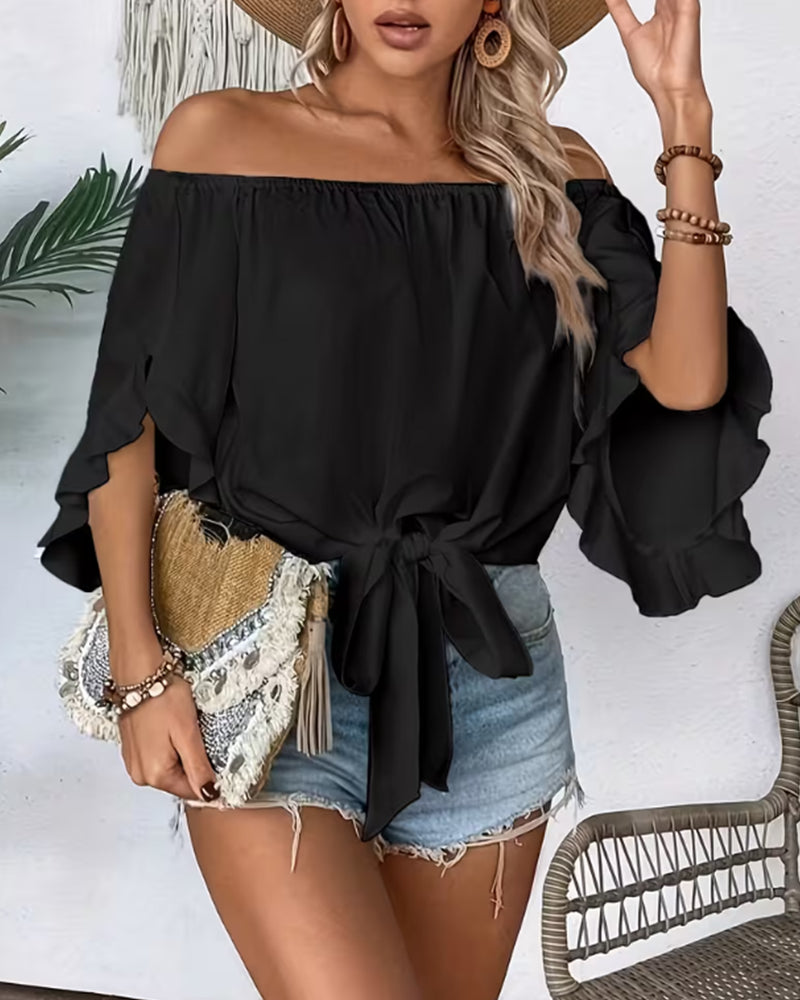 Blouse Off-Shoulder Strik Uitlopende Mouw