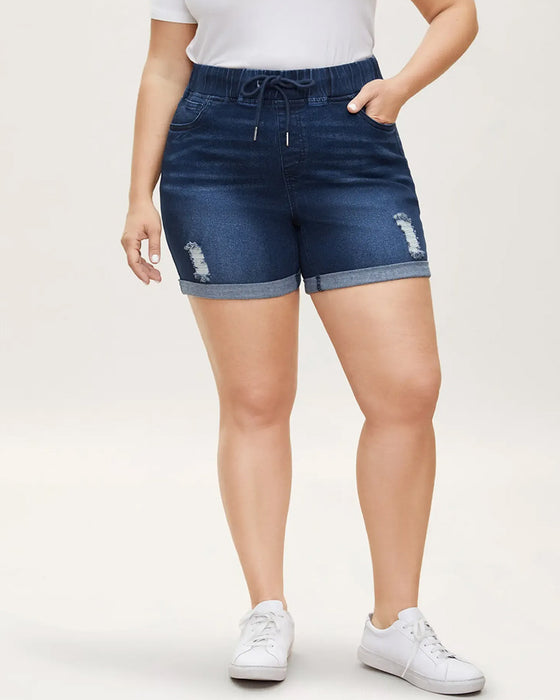 Shorts Elastische Taille Gescheurde Denim