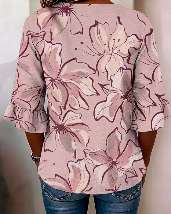 Blouse V-Hals Bloemen Ruche 3/4-Mouw