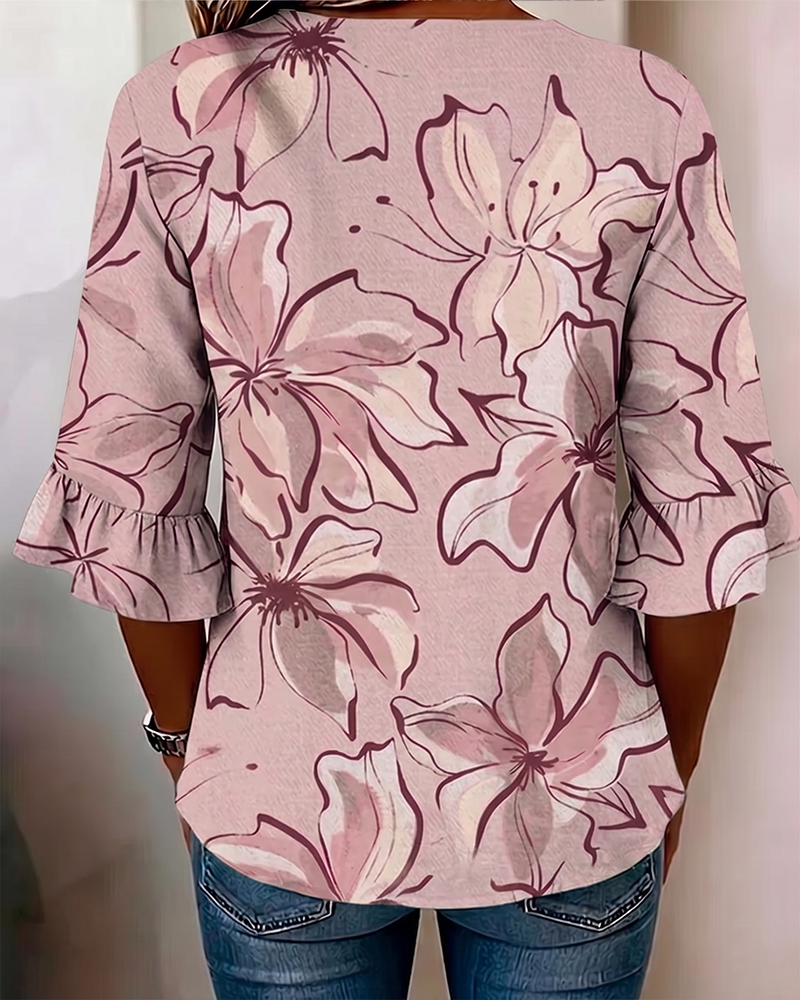 Blouse V-Hals Bloemen Ruche 3/4-Mouw