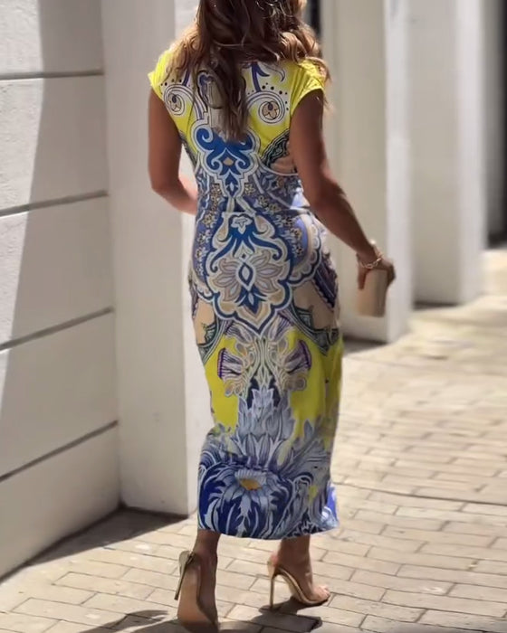 Elegante jurk met vintage print en v-hals