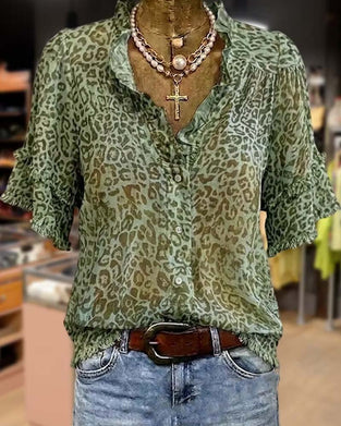 Blouse Groentint Luipaard Afdruk Ruffle