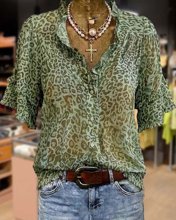Blouse Groentint Luipaard Afdruk Ruffle