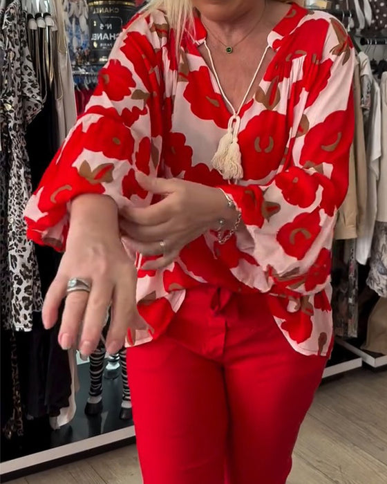 Blouse Grote Bloem Strik V-Hals
