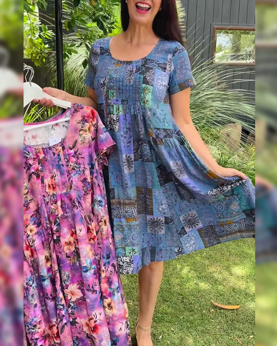 Jurk Ronde Hals Geplooid Bedrukt A-Lijn