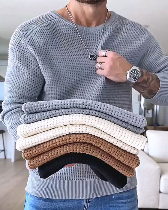 Pullover Heren Ronde Hals Wafel Lange Mouw