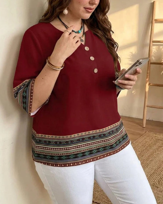 Blouse Etnische Stijl Gestreept Driekwart Mouw