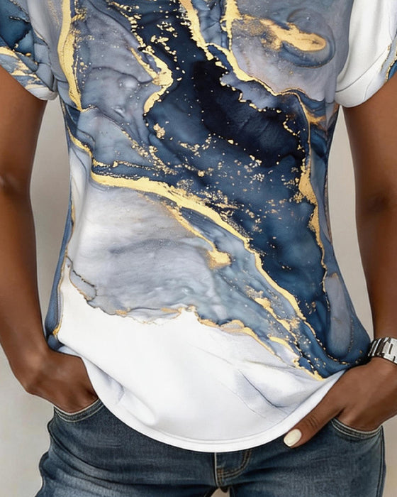 T-Shirt Marmer Print V-Hals
