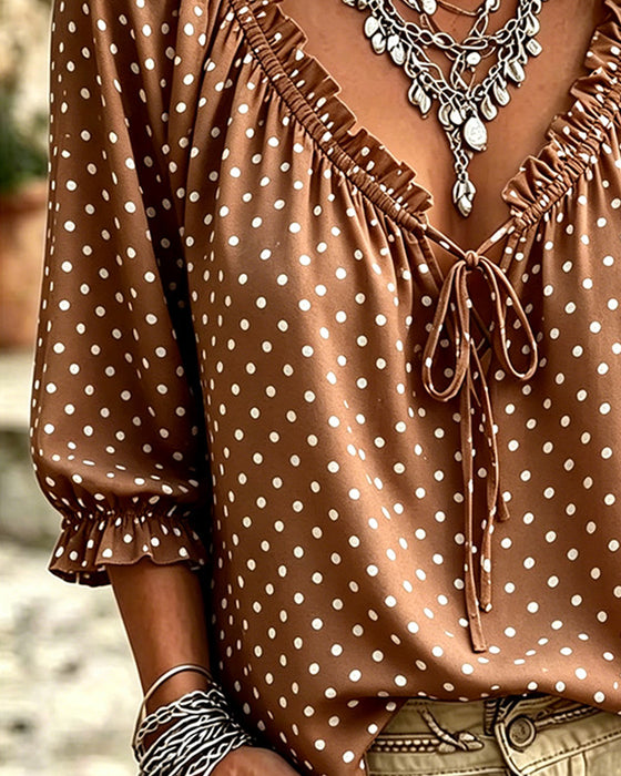 Blouse V-Hals Ruffle Polka Dot Strik