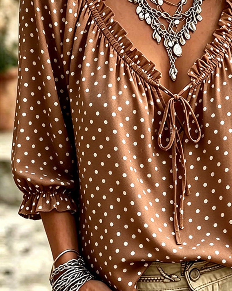 Blouse V-Hals Ruffle Polka Dot Strik