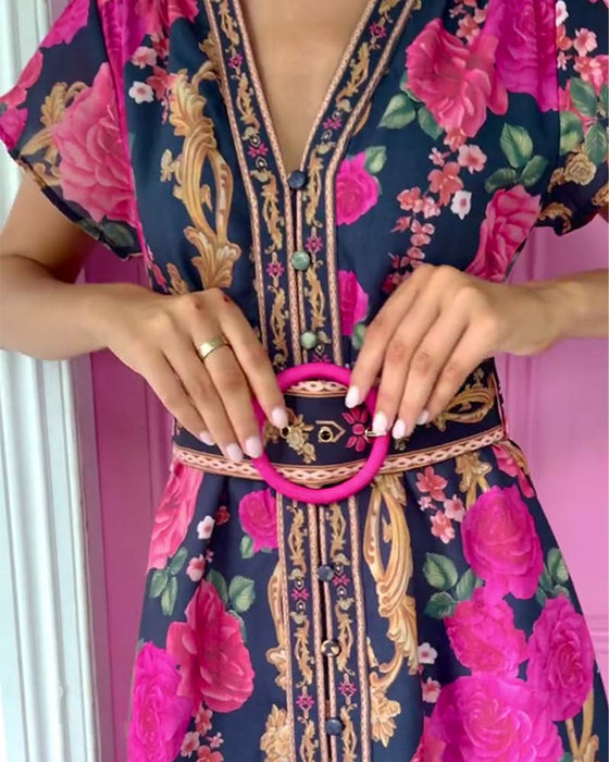 Jurk V-Hals Roos Print