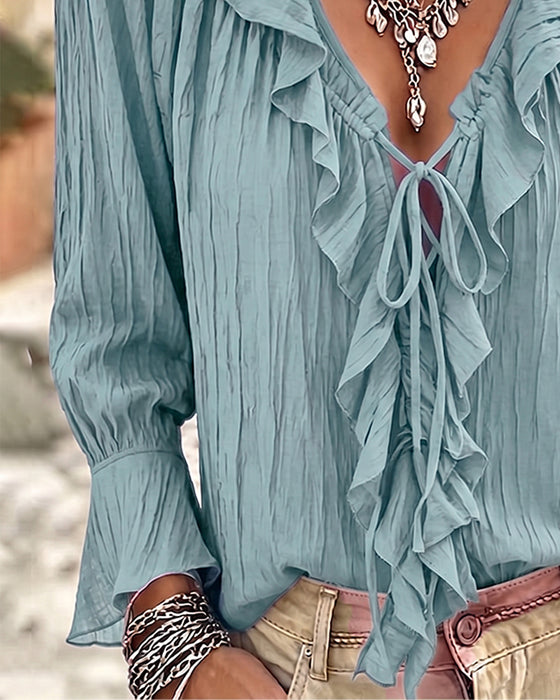 Blouse Ruche Afwerking Vetersluiting Lange Mouw