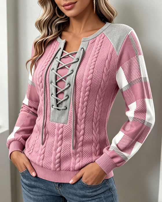 Sweatshirt Ronde Hals Bandjes Geruit Print