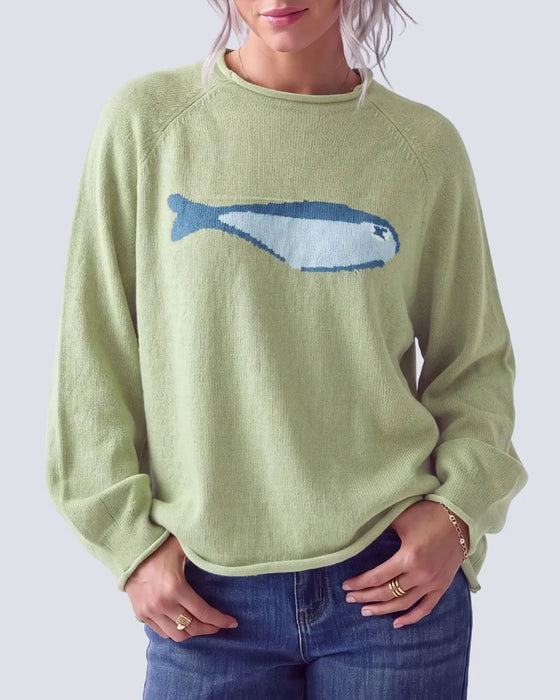 Pullover Ronde Hals Vis Print Drop Schouder