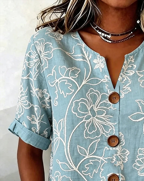 Blouse V-Hals Pioenprint Knoop