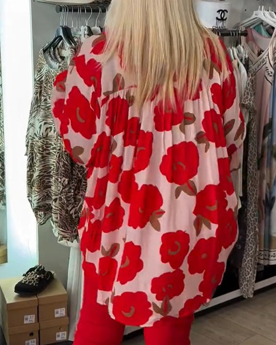 Blouse Grote Bloem Strik V-Hals