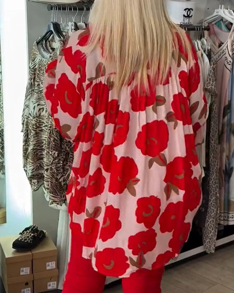 Blouse Grote Bloem Strik V-Hals