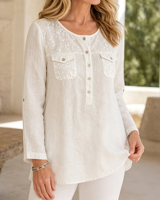 Blouse Ronde Hals Knoopsluiting Lange Mouw
