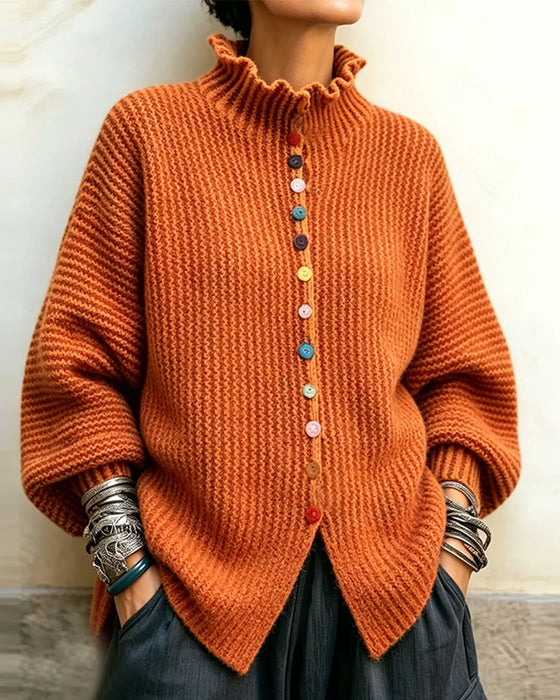 Pullover Kleur Knoop Ruffle Rand Gebreid