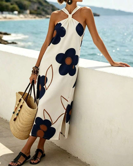 Jurk Kruis Halter Bloemig Split Maxi