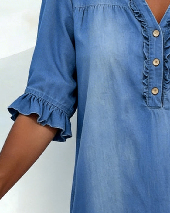 Jurk Ruches V-Hals Denim