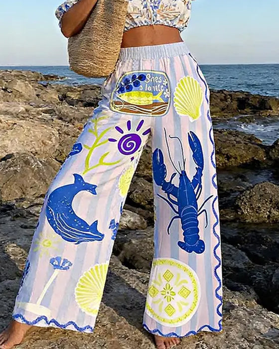 Broek Oceaan Print Wijd Pijp