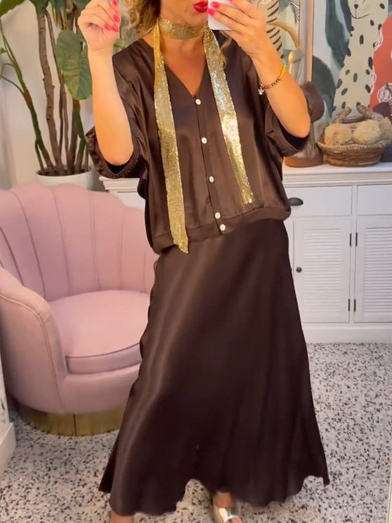 Casual effen kleur rok set met knoop en V-hals