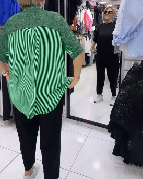 Casual blouse met patchwork en krijtstreep