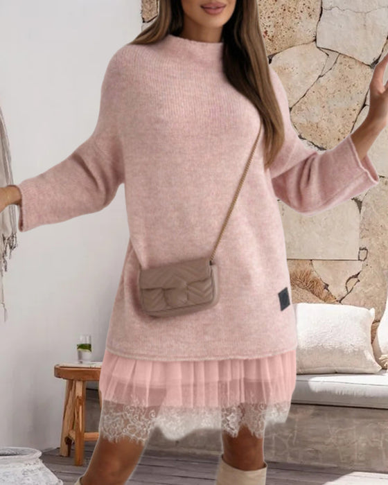 Casual hoge kraag pullover mesh jurk set in effen kleur