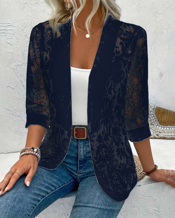 Effen kleur elegante jas met bloemenkant en revers