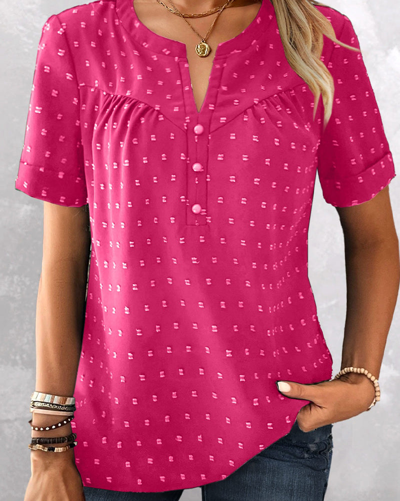 Blouse Jacquard V-Hals Half Sluiting Korte Mouw
