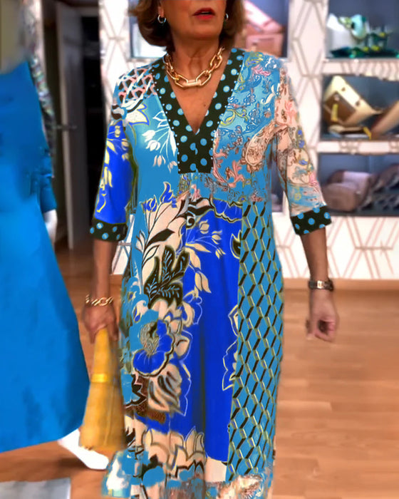 V-hals Jurk Met Vintage Print En Spleetontwerp