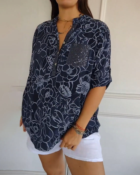 Blouse V-hals Met Knopen Bedrukt