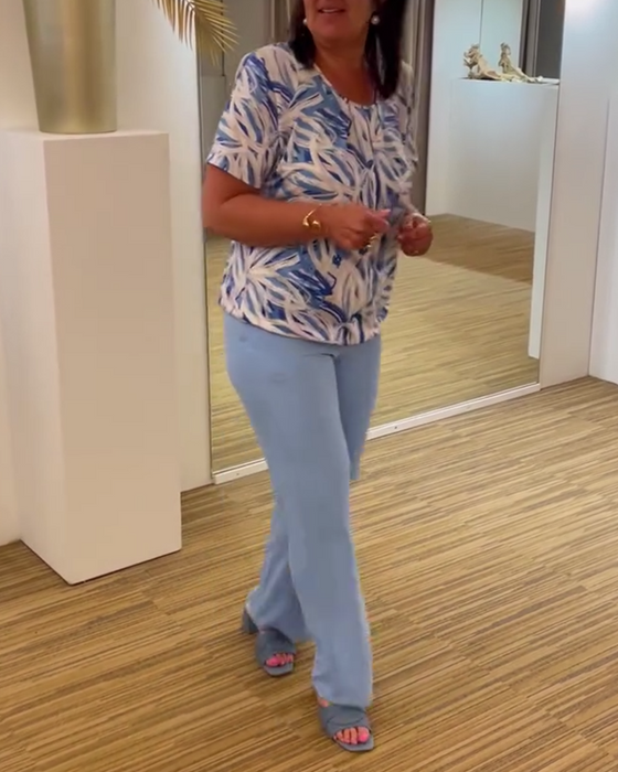 Geplooide blouse met korte mouwen en ronde hals met print