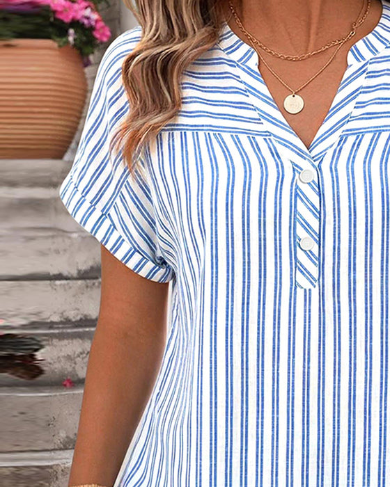 Blouse Streep V-Hals Knoop Patchwork
