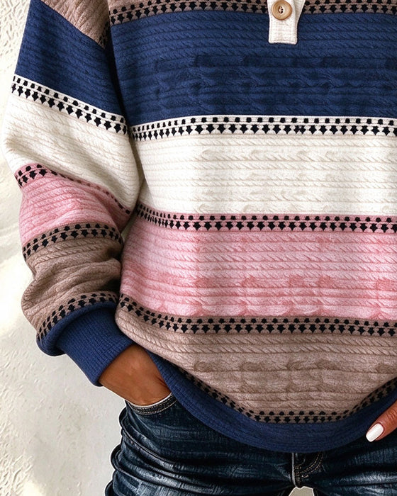 Sweatshirt V-Hals Knoop Kleurblok Gestreept