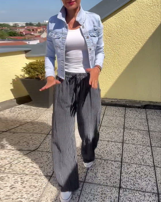 Losse, casual, gestreepte, rechte broek